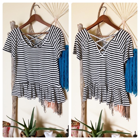 Lucky Brand Tops - Lucky Brand-NWT Black/White Striped Peplum Top